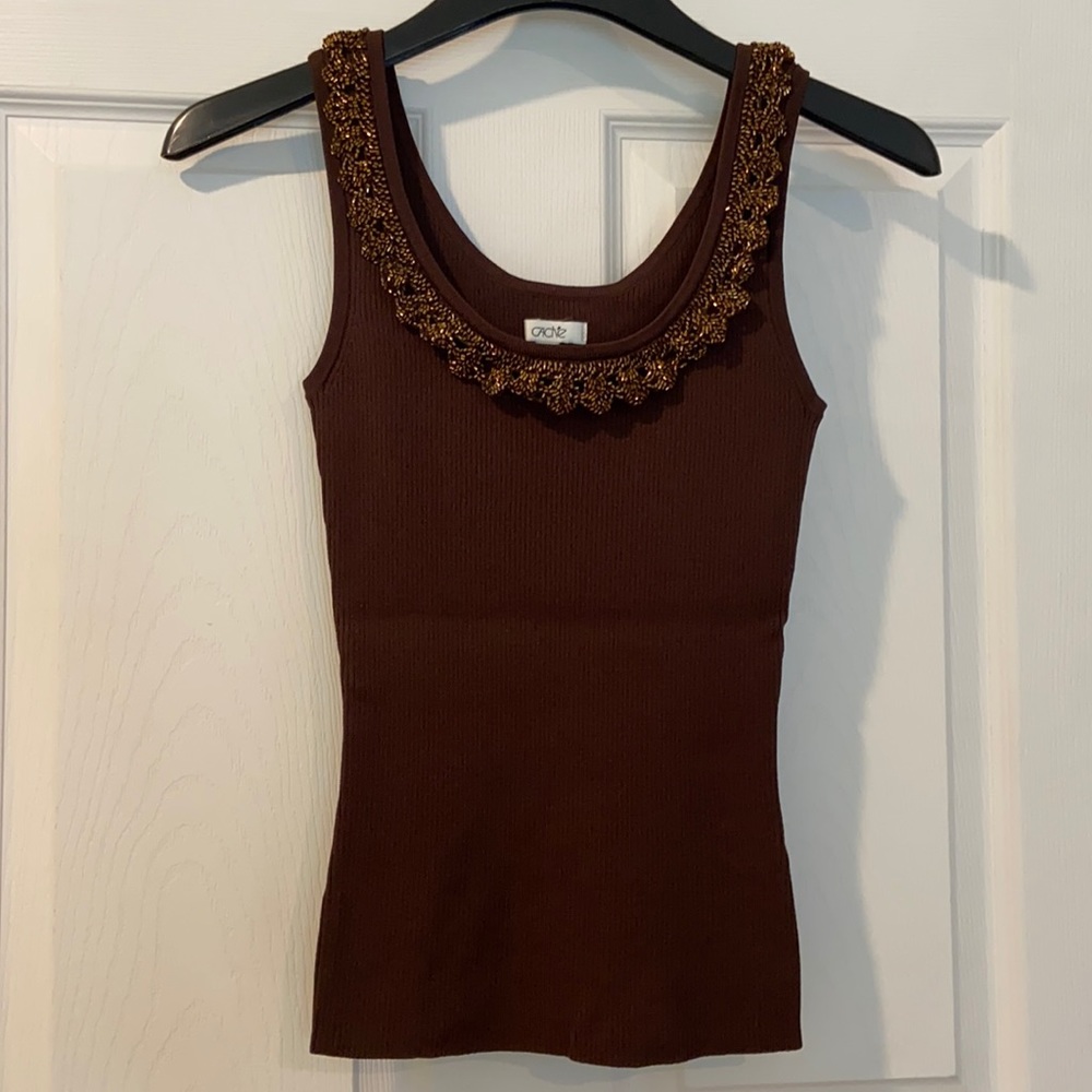 Cache Brown Stretchy Embellished Tank Top Size XS